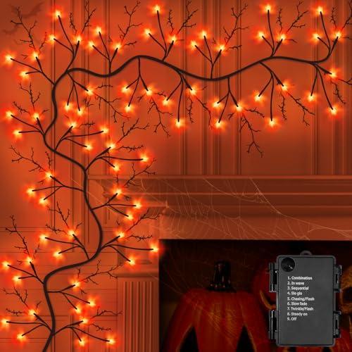 9FT 72 LED Halloween Decorations Willow Vine Twig Garland with Timer & 8 Modes Orange Lights, Battery Operated Halloween Garland for Mantel Table Indoor Home Decor