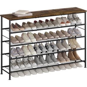 SUOERNUO Shoe Rack 5 Tier Shoe Storage Organizer Metal Mesh Shelves with MDF Top Board for Entryway, Hallway, Closet,BedroomLiving Room (Black/Rustic Brown, Large 5 Tier)