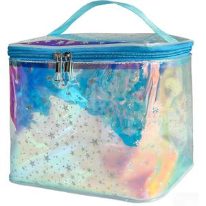 Holographic Star Print Pink Makeup Bag - Portable & Waterproof Barrel-Shaped Toiletry Bag, 8.27x6.7x6.3in Cosmetic Case for Women & Men (Blue Star)