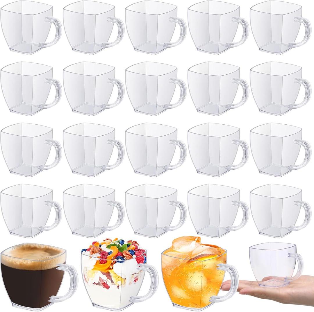 Amyhill 50 Pcs 5 oz Disposable Tea Cups Bulk Mini Plastic Tea Cup Bulk with Handle Hard Coffee Mug Reusable Square Espresso Mugs for Party Wedding (Clear)