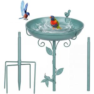 Bird Bath for Outside with 2 Bird Decor, Hummingbird on Pole & Sparrow on Bowl, 38.5 Inch Height Garden Birdbath, 12 Inch Antique Green Freestanding Birdfeeder Bath for Yard Patio