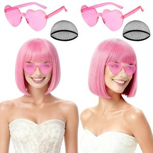 2 Pack Pink Short Bob Wig with Bangs for Women, Girls Neon Bobs Colorful Party Wigs with Heart Sunglasses for Princess Fairy Theme Party Outfit Birthday Cosplay Valentine's Day Daily Fun
