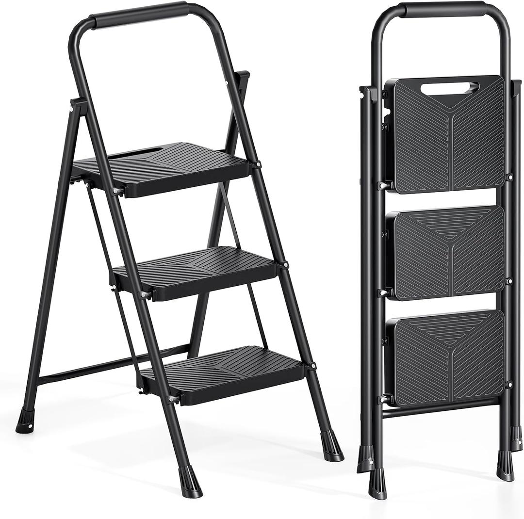 Urackify 3 Step Ladder, Portable Folding Ladder for Multi-Purpose, Home, Kitchen, Heavy Sturdy Steel Step Stool with Handrail, Anti-Slip Wide Pedals, Safe-Lock Design, Pass 500lbs Load Testing, Black