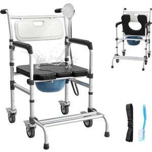 4-in-1 Rolling Bedside Commode Chair with Wheels for Seniors, Heavy Duty Shower Chair with Handles, Adjustable Height Raised Toilet Seat for Elderly and Disabled, Support 350 lbs (Black)