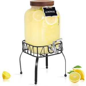 Mustry Glass Drink Dispenser for Parties, 1 Gallon Beverage Dispenser with Stand and Spigot Solid Stainless Steel, Used as Lemonade Dispenser Sun Tea Jar Kombucha Jar