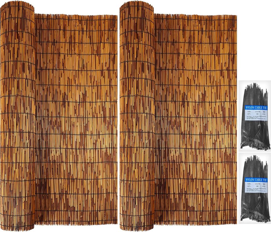 Juexica 2 Rolls Natural Bamboo Reed Fencing for Patio Privacy Boho Fences Decor 3.3 ft x 13.3 ft Reed Screen with 200 Nylon Cable Ties for Outdoor Balcony Garden Railings(Dark Brown)