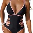 ZAFUL Women's Petal Cut Out One Piece Swimsuit Colorblock V Neck Dual Straps Crisscross Backless Bathing Suit (Black, M)