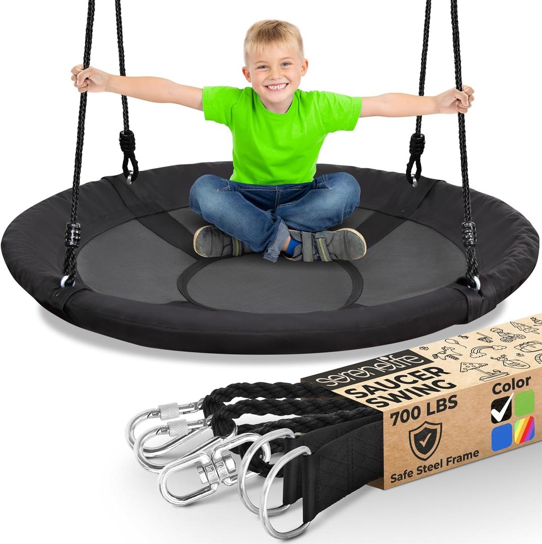 SereneLife Saucer Tree Swing for Kids with Hanging Kit & Pillow, 40" Disc Swing for Kids Indoor/Outdoor Use 700 lb Capacity, Waterproof & Durable Design, Easy to Assemble (Black)