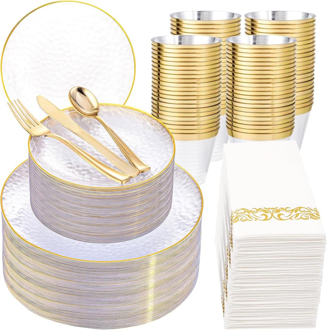 Rubtlamp 350 Pcs Clear Gold Plastic Plates, Hammered Disposable Dinnerware, Clear-Gold Plates Set Include 100 Plastic Platos, 150 Gold Disposable Silverware, 50 Cups And 50 Napkins for Party (350 pcs 50 Guests, Clear Gold)