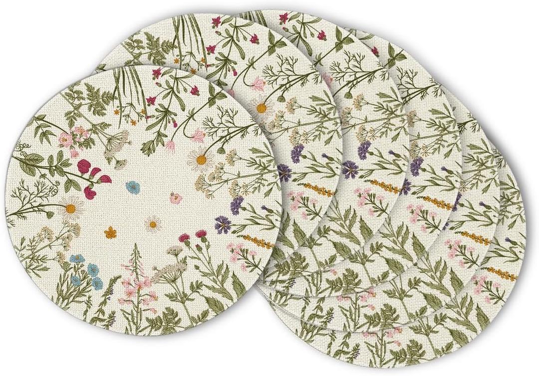 Artoid Mode Antique Herbs Wild Flowers Spring Round Placemats Set of 6, 14 Inch Summer Round Table Mats for Dining Decoration
