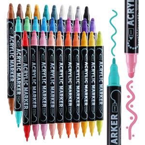 30 Colors Dual Tip Acrylic Paint Markers, Premium Dot & Fine Tip Coloring Paint Pens for Rock, Wood, Fabric, Canvas, Glass, Paper, Ceramic, Scrapbook, Vision Board and DIY Crafts Supplies Art Gifts