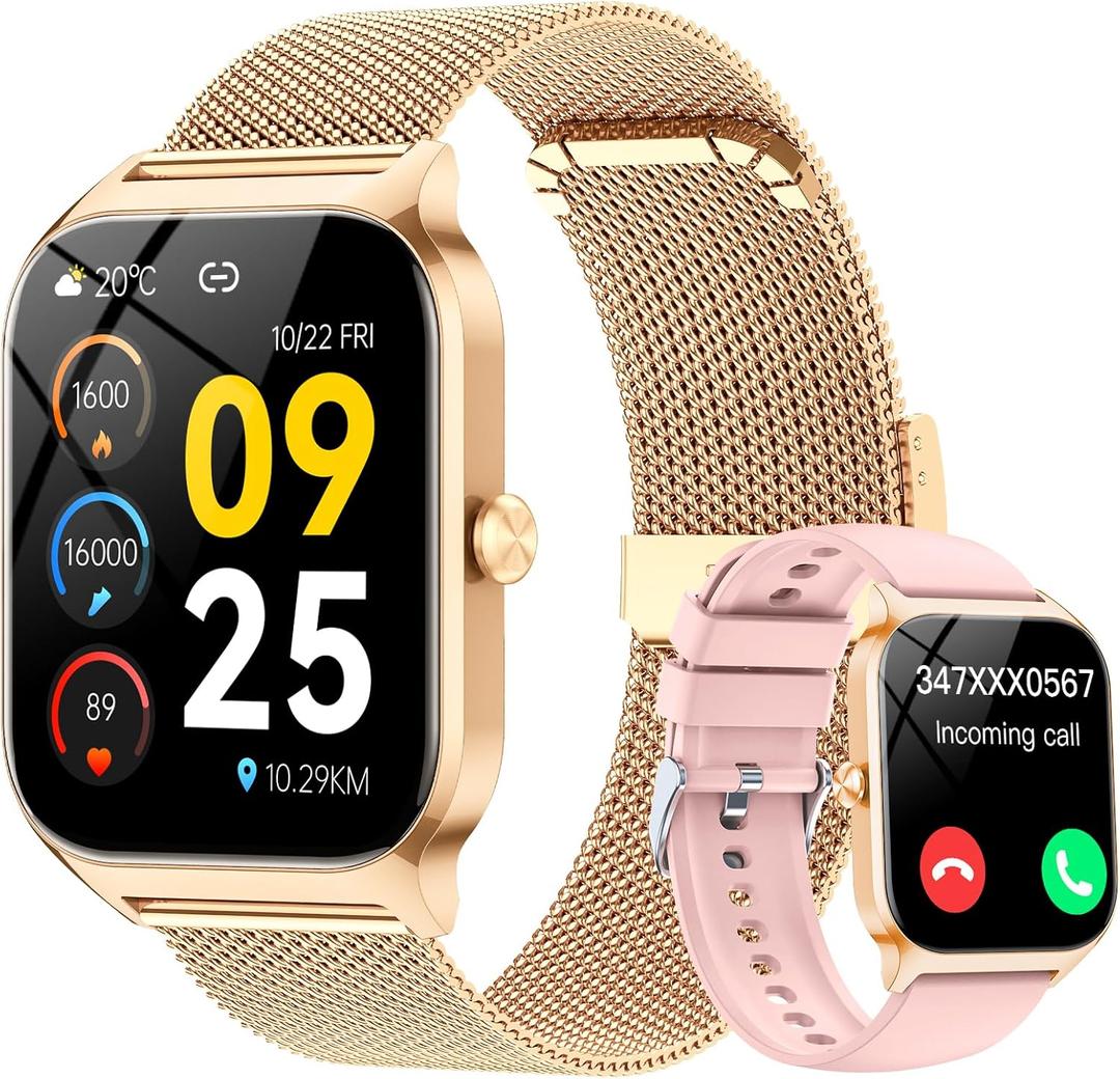 Smart Watch for Women with Bluetooth Calling, Fashion Fitness Tracker, 1.85" HD Touch Screen, AI Voice Assistant, Heart Rate Sleep Monitor, 120+ Sports Modes, Compatible with Android iPhone, 2 Bands (Rose gold and Light Pink)