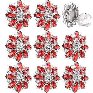 Knitgrip 8 Pcs Rhinestone Flower Button Covers for Women 30mm Clips Buttons Jewelry Clip Crystal Button for Crafting DIY Clothing(Red, Horse Eye)