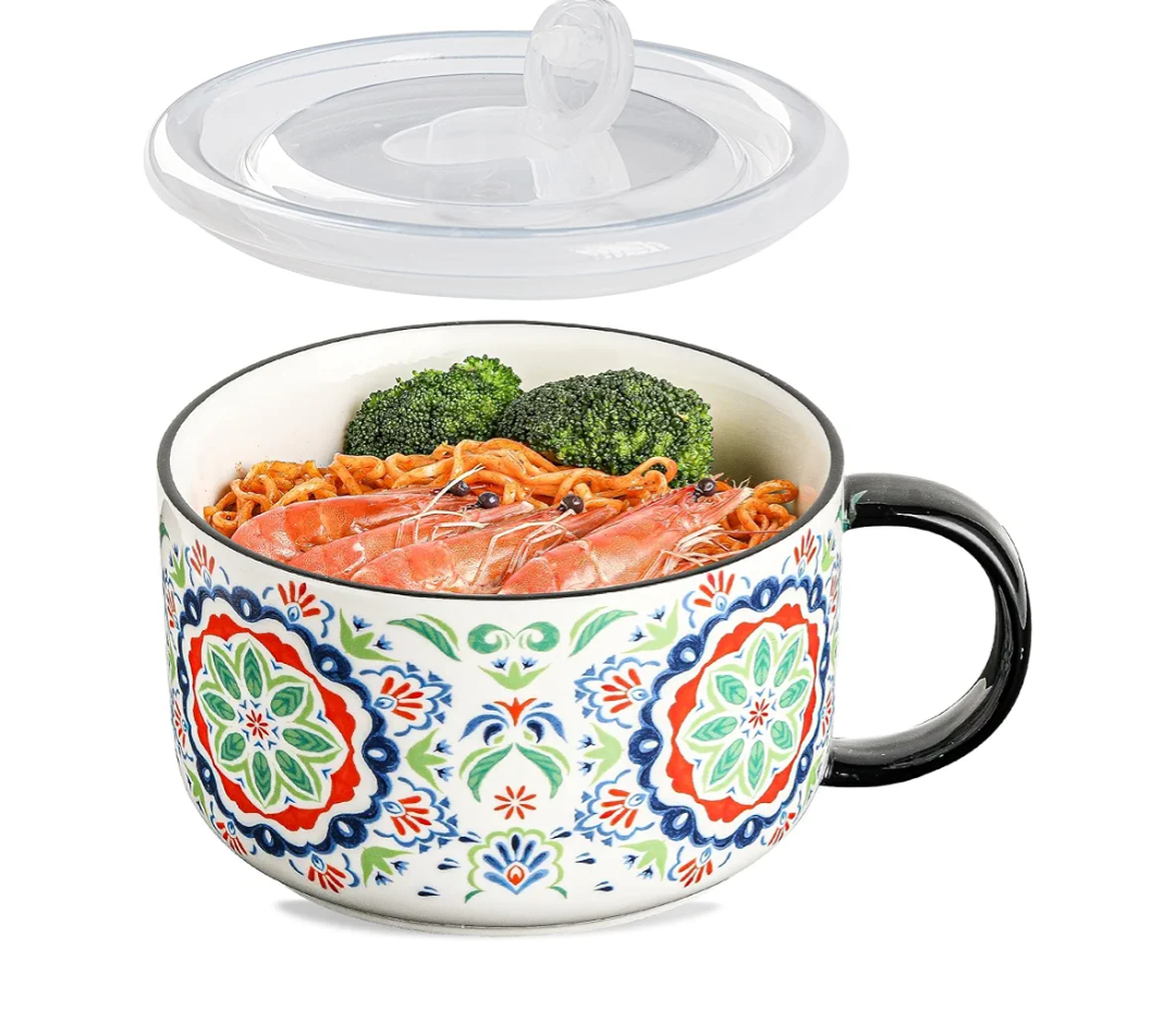 Jumbo Soup Bowl with Lid: 38 oz Ceramic Soup Mug with Big Handle for Ramen Cereal Breakfast Meal Prep Office Lunch Dorm Living - Microwave Safe Extra Large Food Container - Pattern A