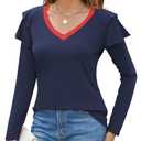 SENFURE Women Long Sleeve V Neck Tops Slim Fitted T Shirt for Women Ruffle Sleeve Tunic Blouse Fall Winter Sweatshirt Navy S, Set of 2