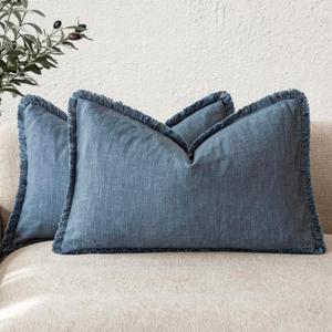 Foindtower Boho Linen Fringe Lumbar Throw Pillow Covers 1220 Dark Blue | Set of 2 Decorative Farmhouse Cushion Cover,Soft Cozy Accent Pillowcase with Tassels,Home Decor for Sofa Couch Living Room
