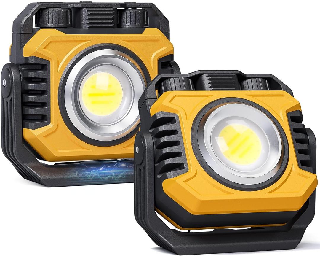 Samyoung 2-Pack 2400LM Magnetic Rechargeable Work Light, Dual-Sided LED Work Light, Up to 80 Hours Runtime, Stepless Dimming 2700K-8000K, Magnetic Flashlight with 360 Rotating Stand, Hook, Yellow