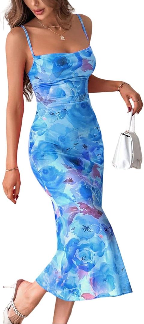 LIGHT DOT Women's Maxi Mesh Dress Spaghetti Strap Bodycon Floral Ruched Cami Long (Blue, S)