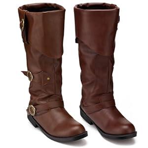 Cuffbow Pirate Costume Boots for Men Medieval Renaissance Steampunk Cosplay Boots Halloween Gothic Button Leather Shoes (11,  Brown) 