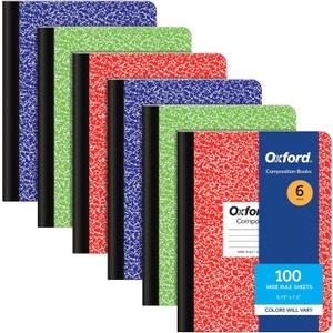 Oxford Composition Notebooks, 6 Pack, Cover Colors Vary, Wide Ruled Paper, 9-3/4 x 7-1/2 Inch School Journals, Assorted Marble Covers, 100 Sheets, per Book (63762)