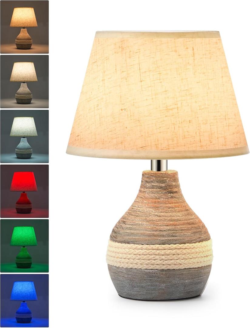 UMEXUS 10 Small Ceramic Cordless Table Lamp with Timer, Dimmer, Linen Shade, Remote Control, Rechargeable Battery Light for Patio Nightstand Kitchen Counter Living Room Side Table, Bulb Included (10"H Mini - Rope accent design)
