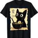 Funny Cat Ramen Graphic Tee Japanese Kawaii Anime Cat T-Shirt, S