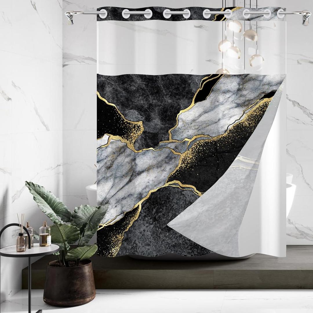 No Hook Shower Curtain with Snap in Liner Black Gold Marble Liner Set Modern Contemporary Crack Ink Texture Double Layers Waterproof See-Through Top Window Bathroom Decorative 71x74inch