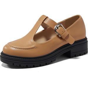 Coutgo Women's Platform Loafers T Strap Chunky Low Heel Buckle Strap Mary Jane Comfortable Casual Office Shoes (10, Khaki)