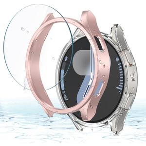 Misxi [2+2 Pack] Case Hard PC Bumper + Tempered Glass Screen Protector [with Auto Alignment Tool Kit] for Samsung Galaxy Watch 7 40mm, Anti-Scratch Cover for Galaxy Watch7, 1 Rose Gold + 1 Transparent