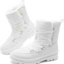 Rominz Women's Winter Snow Boots - Waterproof Black Fur Lined Warm Mid Calf Non-Slip Ankle Boots - White Lace-Up Platform (8)