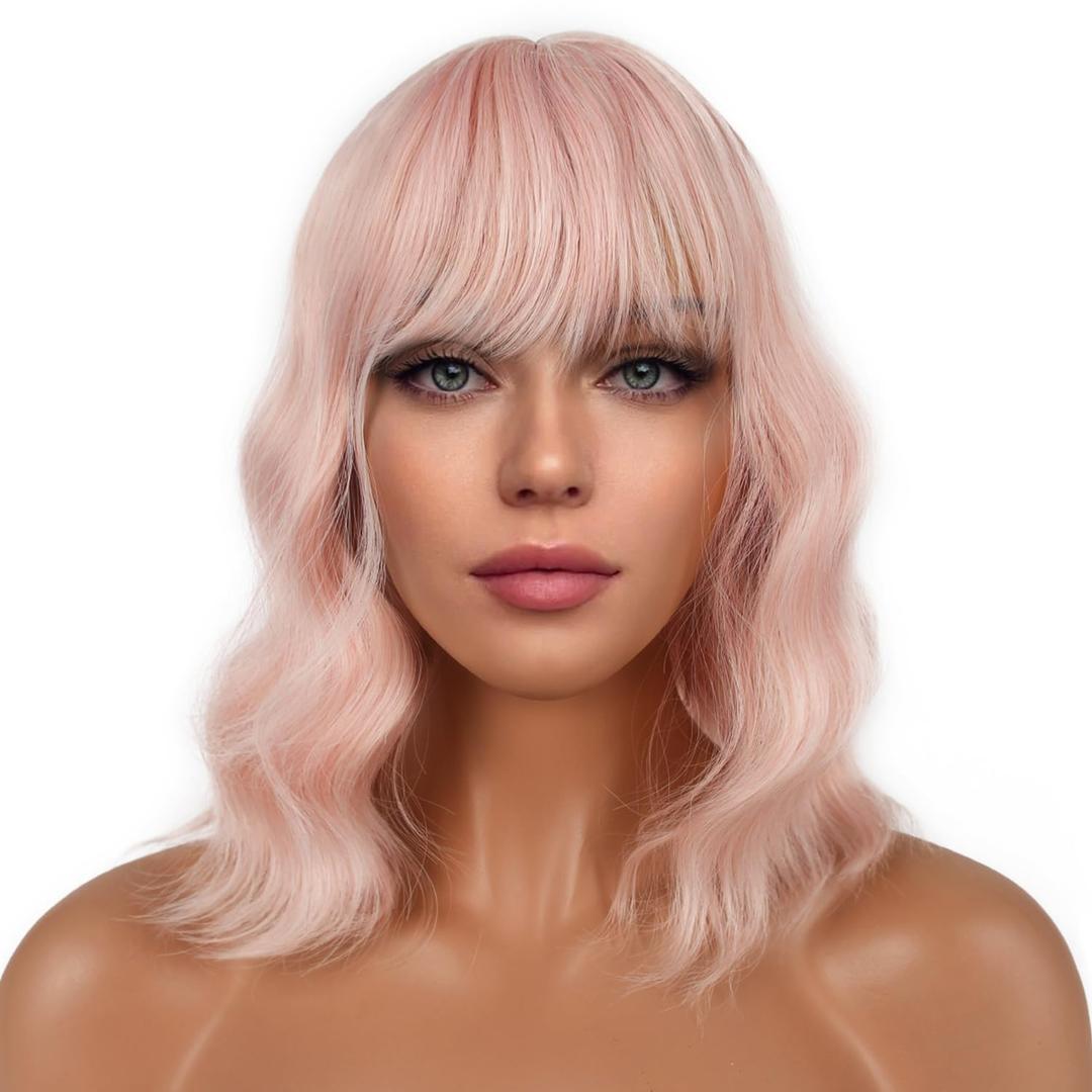 Short Bob Wigs with Bangs for Women Loose Wavy Wig Curly Wavy Shoulder Length Bob Synthetic Cosplay Wig for Girl Colorful Costume Wigs (Peach Fuzz)