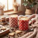 2 Pcs Heart Mugs 12 oz Valentine Glass Cups with Handle Pink Red Checkered Heart Iced Coffee Cups for Couples Valentine's Day Gifts for Anniversary Wedding Engagement Birthday Couple Gifts