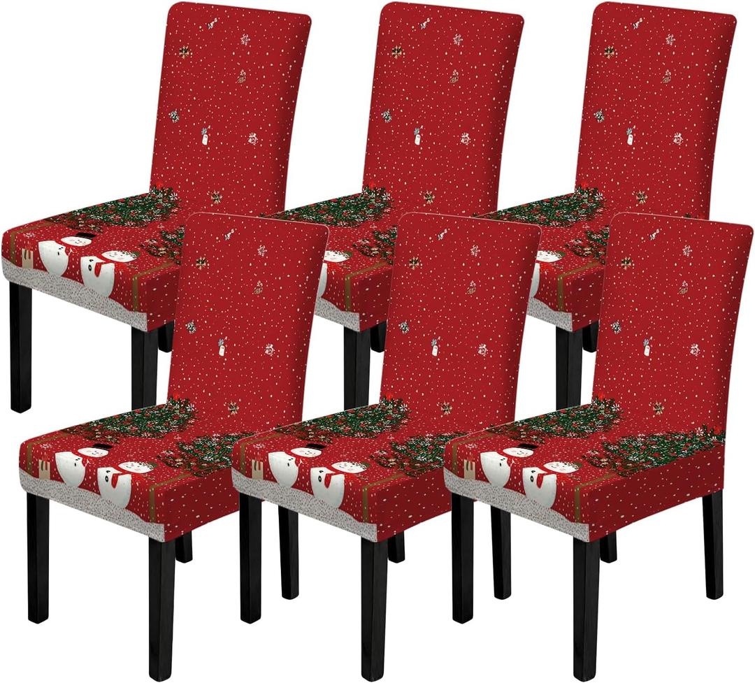FOREVER QUEEN Red & White Classic Chair Covers 6 Pcs -Stretchable Washable Dining Chair Slipcovers,Festive Plaid Lace Back Covers for Home Kitchen Cafe,Daily Use Chair Protectors (Snowman Christmas Tree)