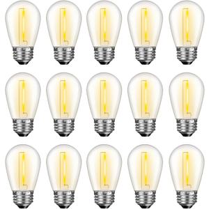 LED S14 Replacement Light Bulbs for Outdoor String Lights, 1W Shatterproof Edison Light Bulbs for Outside Patio Garden, E26 Standard Base, Dimmable, 2200K Warm White, 15 Pack