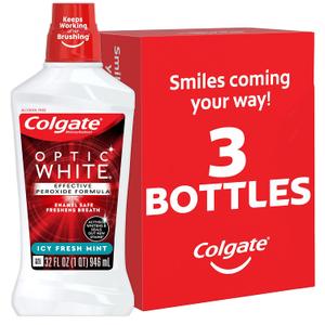 Colgate Optic White Advanced Teeth Whitening Mouthwash, 3 Pack, 2% Hydrogen Peroxide, Alcohol-Free and Enamel Safe, ICY Fresh Mint, 32 Oz