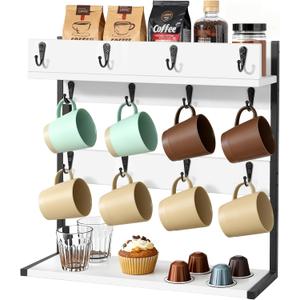 KVTUKIAIT Coffee Mug Rack Holder Wall Mount – 2 Tier Mug Rack Stand with Storage Base for 12 Cups for Kitchen, Dining Room Counter Organizer, Coffee Bar Decor Accessories