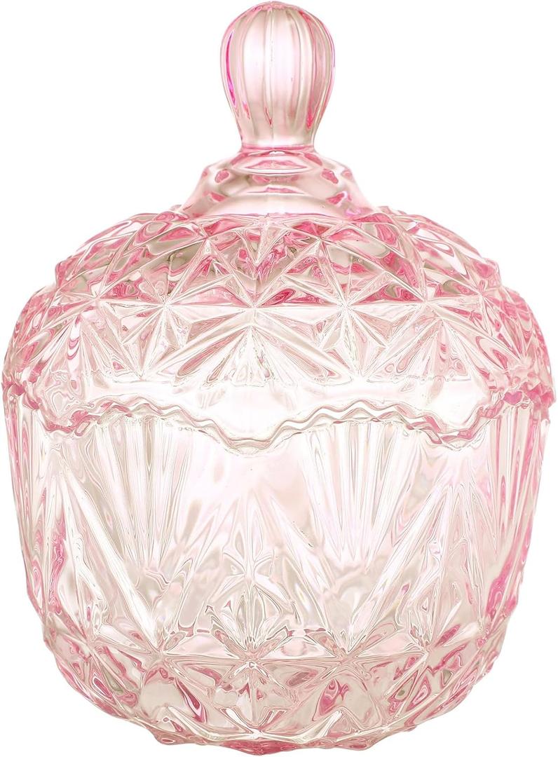 26 oz Large Glass Candy Dish with Lids Crystal Candy Jar with Lid Halloween Decorative Covered Glass Jar Jewelry Box Wedding Buffet Biscuit Containers for Snacks(Pink,Classic)