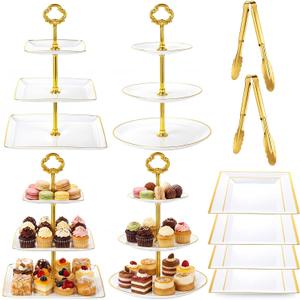 Willinglong 10 Pack Cake Stand Set Cake Stand with Gold Rim, 4 Three-tier Cupcake Stands, 4 Serving Trays, and 2 Tongs for Dessert Table Display, Elegant Plastic Pastry Tower for Weddings Showers