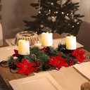 MorTime Christmas Centerpiece with 3 Candle Holders, Xmas Tabletop Decor with Red Flowers Berries Pinecones Steel Base for Indoor Home Christmas Decoration