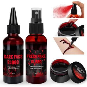3PCS Halloween Fake Blood Kit, 2.03oz Fake Blood Spray and 2.03oz Dripping Blood and 1.06oz Coagulated Gel Blood, Realistic Washable Fake Blood Makeup for Zombie Vampire Monster Cosplay & Dress Up