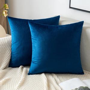 EMEMA Pack of 2 Velvet Throw Pillow Covers Decorative Square Pillowcase Soft Solid Cushion Case for Sofa Bedroom Chair Car 20x20 Inch Dark Blue