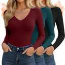 3 Pack Women's Ribbed Long Sleeve V Neck Tops Thermal Undershirt Fall Winter Stretch Slim Fitted Basic Tee Shirts (X-Large, Black, Dark Teal, Burgundy)