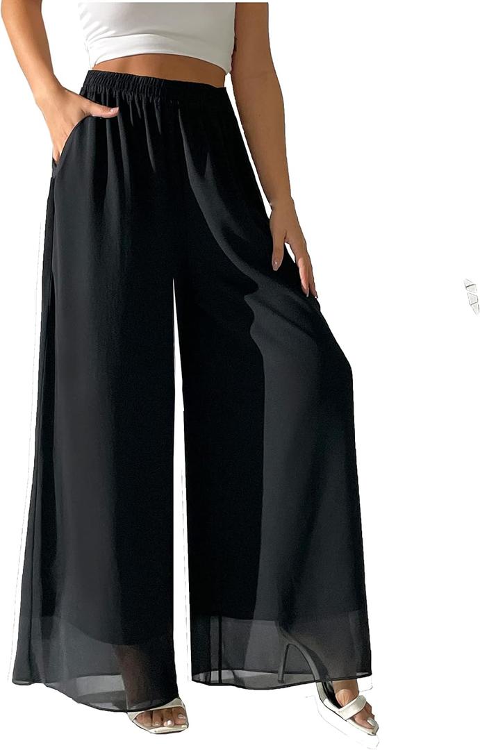 heipeiwa Women's Chiffon Dress Beach Wide Leg Palazzo Pants Elastic Waist Trouser, Medium Short