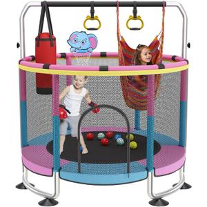 Trampoline for Kids, 60" Toddler Trampoline Indoor Outdoor, 440lbs KidsTrampoline with Enclosure Net, Upgraded Ring Legs with Adjustable Gymnastics Bar, Gifts for Ages 1-8 Boys&Girls (Round, blue-pink)