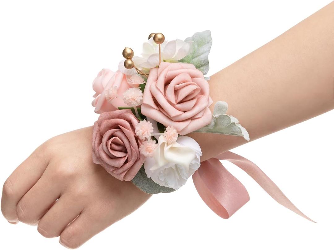 Ling's moment 6pcs Wedding Wrist Corsage Artificial Flowers, Girl/Mother Homecoming Prom Corsages Wristlet Décor, etc. Dusty Rose Pink