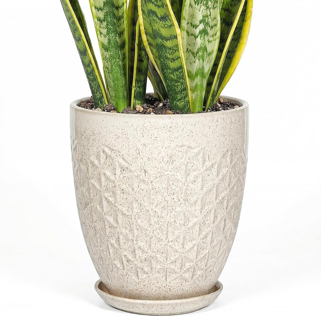 11.8 Inch Flower Pots for Indoor Plants,Ceramic Planter with Saucer Drainage Leak-Proof Mesh Gardening Gloves (Silk-White)
