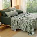 Bedsure 100% Washed Cotton Percale Sheets King Size - Linen Like Textured Gingham Sheets, 6-Piece Bedsheet Set with 18" Deep Pocket, Breathable & PureWoven Soft Comfy (Gingham Olive Green, King)