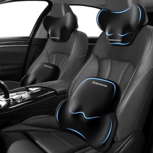 Car Lumbar Support Pillow and Neck Pillow kit for Back & Neck Pain Relief Ergonomic Memory Foam Car Seat Headrest & Lumbar Cushion with Adjustable Strap for Driving Seat/Office Chair Black