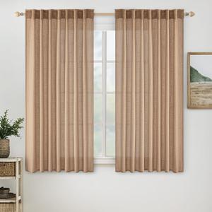 MIULEE Light Brown Short Linen Curtains 45 Inch Length 2 Panels for Kitchen Bedroom Bathroom, Soft Thick Linen Textured Basement Window Drapes Semi Sheer Light Filtering Back Tab Burlap Look Decor