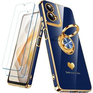 for Motorola Moto G 5G 2024 Case with 2 Pack Screen Protector, 360° Rotatable Ring Holder [Luxury Hearts Pattern] Plating Gold Edge Slim Soft Phone Cover for Moto G 5G 2024 - Blue